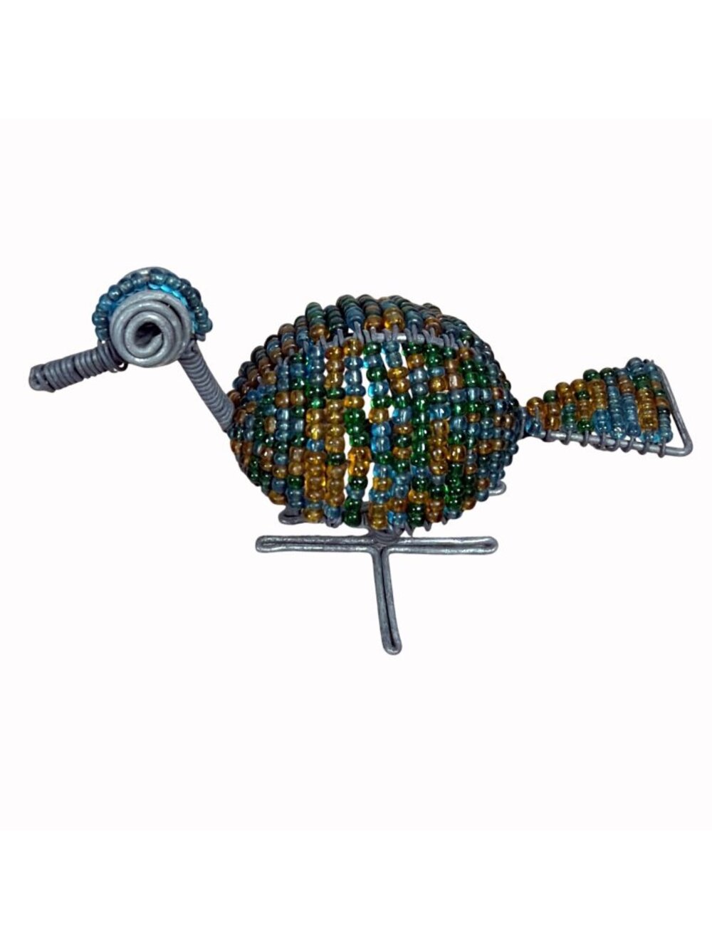Wire Bead Bird Figurine Folk Art Y2K South Africa Blue Green Gold Holiday Gift